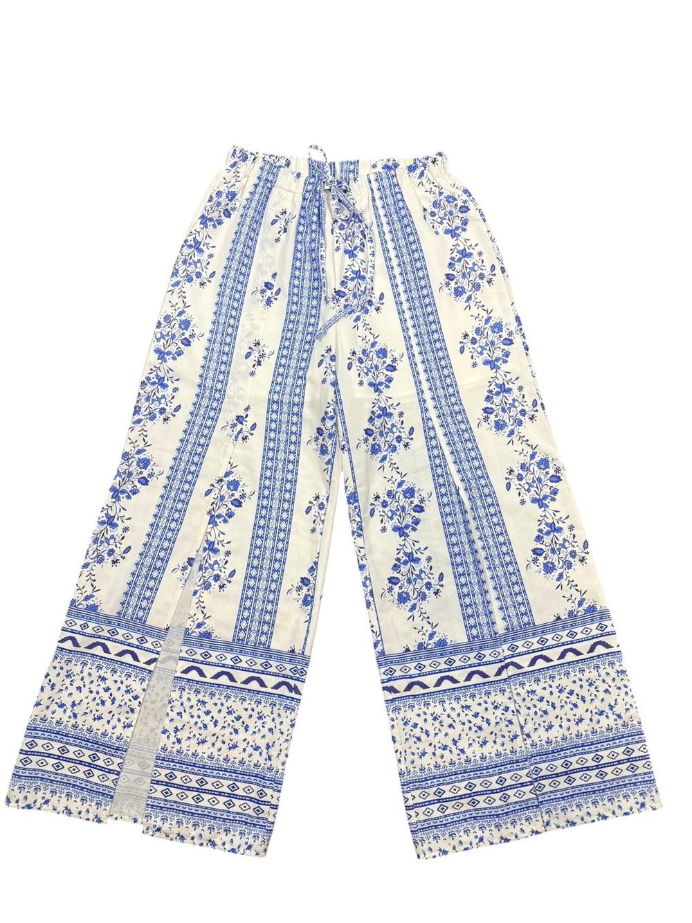Blue & White Boho Floral Wide Leg Palazzo Resortwear Comfy Pants Size Large